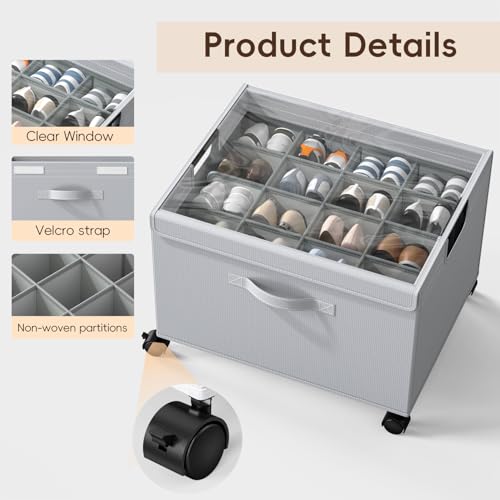HOUSE AGAIN Shoe Organizer for Closet, Foldable Shoe Storage Organizer Box with Wheels and Adjustable Dividers, Sturdy Metal Frame Fits up to 16 Pairs, Large Shoes Storage with Clear Cover - size: 1 Pack