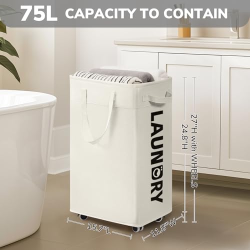 Goodpick Laundry Hamper with Wheels, 75L College Dorm Room Essentials, Clothes Hamper with Removable Wash Bag for Bedroom, Large Laundry Basket with Handle, White - color: White 1-Pack