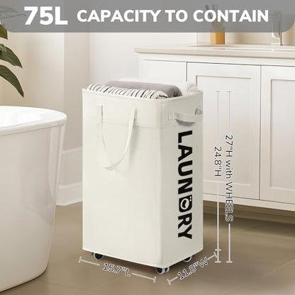 Goodpick Laundry Hamper with Wheels, 75L College Dorm Room Essentials, Clothes Hamper with Removable Wash Bag for Bedroom, Large Laundry Basket with Handle, White - color: White 1-Pack
