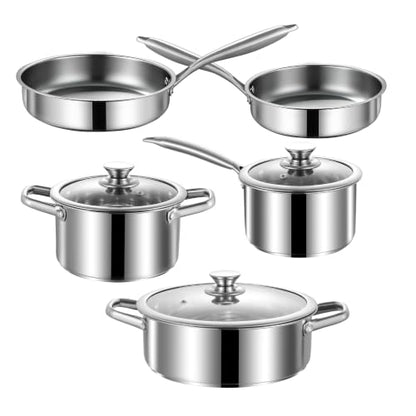 Stainless Steel Pots and Pans Set, 8 Piece Kitchen Induction Cookware Sets with Glass Lids, Works with Induction, Electric and Gas Cooktops, Non Toxic, Oven & Dishwasher Safe - size: 8