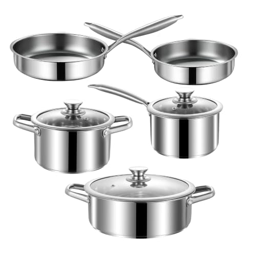 Stainless Steel Pots and Pans Set, 8 Piece Kitchen Induction Cookware Sets with Glass Lids, Works with Induction, Electric and Gas Cooktops, Non Toxic, Oven & Dishwasher Safe - size: 8