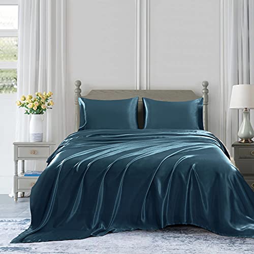 Homiest 3pcs Satin Sheets Set Luxury Silky Satin Bedding Set with Deep Pocket, 1 Fitted Sheet + 1 Flat Sheet + 1 Pillowcase (Twin XL Size, Deep Sea Blue) - color: Deep Sea Blue, size: Deep pocket - Twin XL size