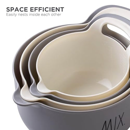 Rae Dunn Non-Slip Mixing Bowls - 4 Piece Nesting Plastic Mixing Bowl Set with Pour Spouts and Handles-Measurement Markings (Grey) - color: Gray