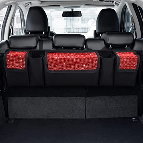 eing Car Trunk Organizer and Storage, Backseat Hanging Organizer for SUV, Truck, MPV, Waterproof, Collapsible Cargo Storage Bag with 5 Pockets, Bling Car Interior Accessories for Women,Red - color: Red