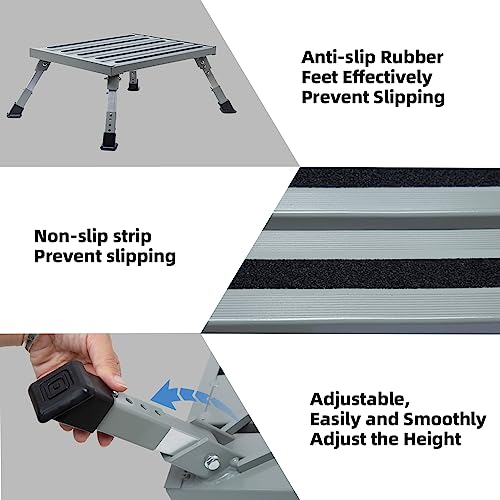 Homeon Wheels Large RV Step Stool, Adjustable Height Aluminum Folding Step Ladder with Non-Slip Rubber Feet, Heavy-Duty Design, Safety Platform for RV, Trailer, Truck, Outdoor Use, 19" x 14.3" - color: Silver