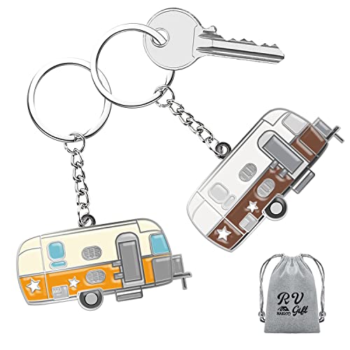 Camper Keychain Happy RV Keyring RV Keychain Couples Keychain Set Gifts for Men Women Camping Accessories 2 Pack - color: Orange&coffee Brown