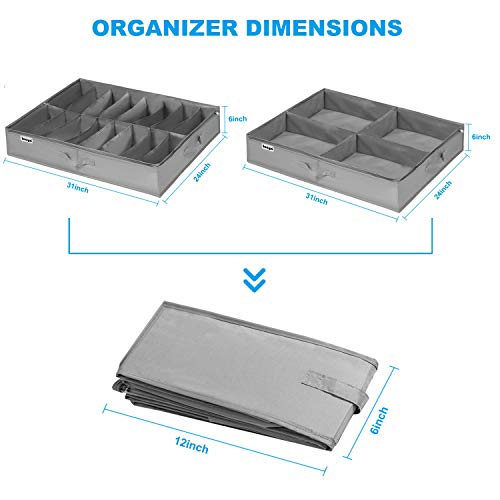 Under Bed Shoe Storage Organizer Set of 2, Fits 16+4 Pairs Boots Total, Underbed Shoe Box Storage Containers w/ Reinforced Handles, Clear Foldable Shoes Organizer Adjustable Dividers w/ Bottom Support - size: 16+4 Cells (Adjustable Dividers)