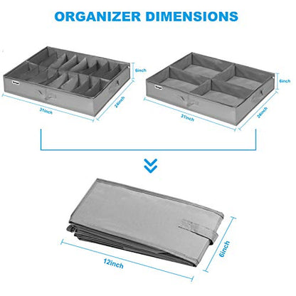 Under Bed Shoe Storage Organizer Set of 2, Fits 16+4 Pairs Boots Total, Underbed Shoe Box Storage Containers w/ Reinforced Handles, Clear Foldable Shoes Organizer Adjustable Dividers w/ Bottom Support - size: 16+4 Cells (Adjustable Dividers)