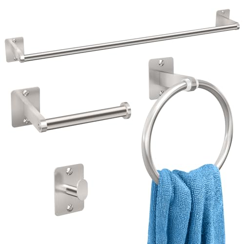 Brushed Nickel Bathroom Accessories Set, KLJKPA 4 Pieces Bathroom Hardware Set, 24 inch Towel Bar, Towel Racks for Bathroom, Robe Towel Hooks, Toilet Paper Holder Wall Mounted - color: Brushed Nickel (4 Piece), size: 24 inch