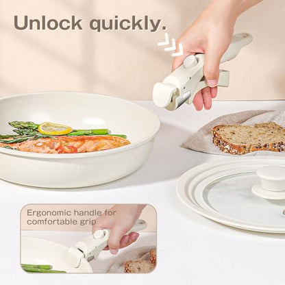 GiPP Ceramic Pots and Pans Set Non Stick, Nonstick Detachable Handle Cookware Sets, Non Toxic Induction Kitchen Pot and Pan with Removable Handle, Healthy RV Cookware, Dishwasher ＆Oven Safe, 7 Piece - color: White, size: 7PCS 04