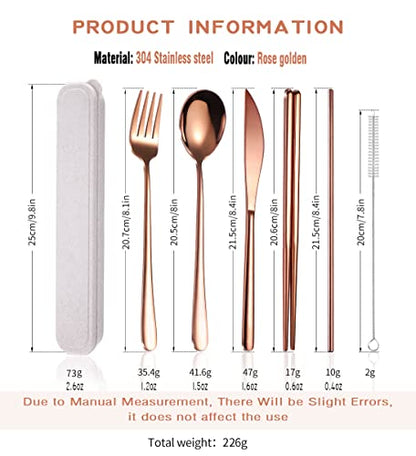 AARAINBOW 6 Pieces 18/8 Stainless Steel Flatware Set Portable Reusable Cutlery Set Travel Utensils Set Including Chopsticks Knife Fork Spoon Straws Cleaning Brush Dishwasher Safe (Rose Gold) - color: Rose Gold