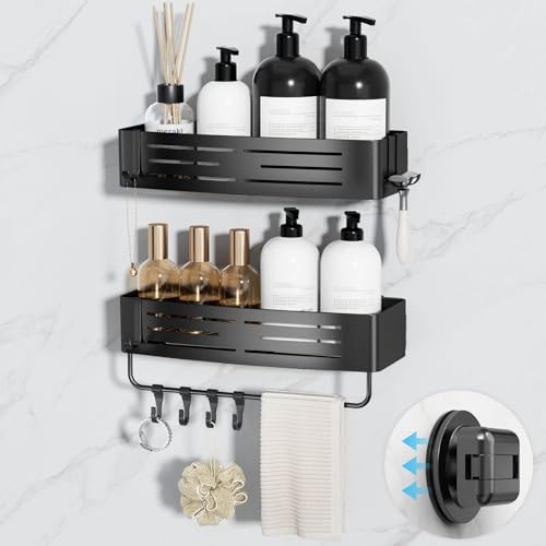 Onemake Shower Caddy Suction Cup,2-Pack Shower Shelf Organizer, Bathroom Suction Shelves with Portable Hooks, Shower Caddies Corner with Towel Bar,Matte Black - style: 2 Tier-Black Square Caddies