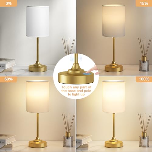 Fenmzee Gold Nightstand Bedroom Lamp - 3 Way Dimmable Bedside Lamp, Small Table Lamp Linen Lampshade for Office Desk, LED Bulb Included - color: White Shade-Gold Base, size: 14" Touch Control