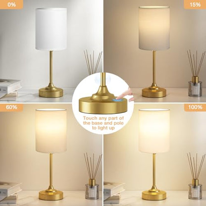 Fenmzee Gold Nightstand Bedroom Lamp - 3 Way Dimmable Bedside Lamp, Small Table Lamp Linen Lampshade for Office Desk, LED Bulb Included - color: White Shade-Gold Base, size: 14" Touch Control