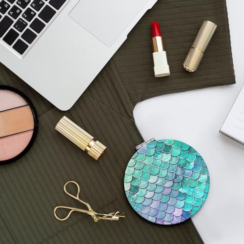Mermaid Fish Scales Print Foldable Travel Pocket Mirror Round PU Leather Portable Mini Makeup Double Sided Handheld Magnifying,2.6 in - color: Mermaid Fish Scales