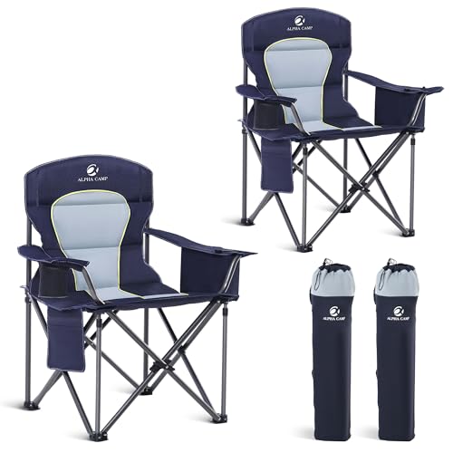 LET'S CAMP Oversized Folding Camping Chair Portable Outdoor Heavy Duty Padded Chairs Lawn Chair with Cup Holder, Storage Pocket and Cooler Bag, Supports 450LBS, for Camp, Travel, Picnic,2 Pack(Blue) - color: Blue, size: Twin Pack
