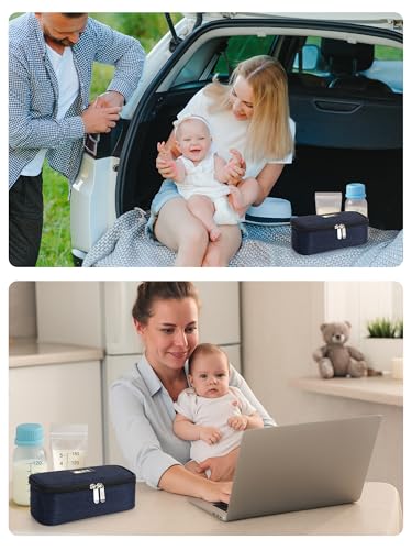SUNMON Breast Milk Cooler Bag with Real-Time Temperature Display, Portable Travel Breastmilk Storage Case, Includes 2 Reusable Ice Packs, for Pumping Moms on The Go (Navy Blue) - color: Navy Blue