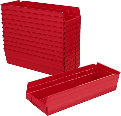 Akro-Mils 30138 Plastic Shelf Bins, Heavy Duty Storage Bins for Garage, Closet, and Drawer Organization, 18" x 6-1/2" x 4", Red, 12-Pack - color: Red