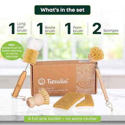 Tieralia Bamboo Dish Brush Set 5 Piece – Eco Friendly Kitchen Cleaning Kit with Bottle Brush, Long Dish Brush, Palm Scrubber & 2 Plant-Based Sponges | Plastic-Free Natural Dish Scrubber