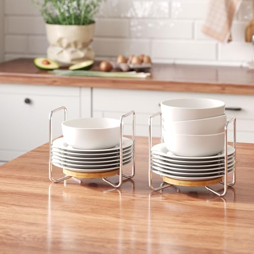 Dish Rack for Kitchen Countertop Organizer - Bamboo Plate Organizer for Cabinet Space Saver, Adjustable Stainless Steel 304 Plate and Bowl Holder with Portable Handle for Drawer Cupboard Shelf RV - color: Natural, size: 2PC*Small