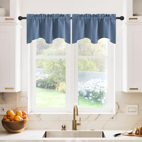 NICETOWN Blackout Curtain Valance - 42 inches by 18 inches Long Scalloped Rod Pocket Thermal Insulated Home Decoration Valance Curtain Panel for Living Room/Bedroom, Stone Blue, 2 Panels - color: Stone Blue, size: 42"W x 18"L (Pack of 2)