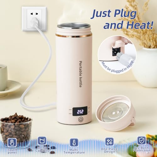 Travel Electric Kettle Portable Mini Kettle,Small Hot Water Boiler with 4 Temperature Settings,304 Stainless Steel,Fast Boiling Water with Auto Shut-Off and Boil Dry Protection,400ml (Beige, 400ML) - color: Beige