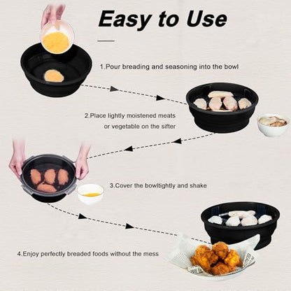 FJNATINH Collapsible Batter Bowl - Mess Free Better Breader Shaker Bowl with Lid Breading Shaker Container - Great for Fried Fish, Fried Chicken, Onion Rings, Wings & More,No Leak,Easy to Store,Black - color: Black