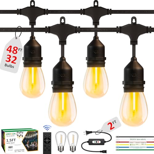 50FT Outdoor String Lights Waterproof with 30+2 Bulbs (1.5FT Bulbs Spacing), Remote & Dimmer, Commercial Grade Patio Lights with 3 Mode Light & Timing,100PC Ties for Outside - style: 50FT With 32 Bulbs