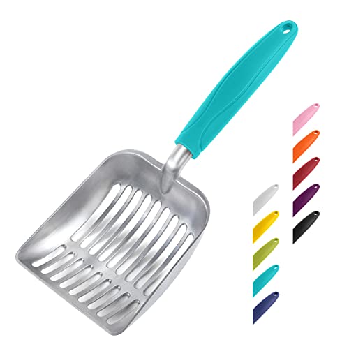 WePet Cat Litter Scoop, Aluminum Alloy Sifter, Kitty Metal Scooper, Deep Shovel, Long Handle, Poop Sifting, Kitten Pooper Lifter, Durable, Heavy Duty, for Litter Box - color: FLAT Aluminum \ #02 Turkish Blue Handle, size: Small