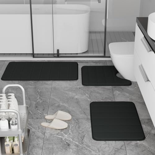 Bathroom Rugs Set Memory Foam Bath Rugs Non-Slip Bath Mat Set 3 Piece,Washable Bathroom Mats,Absorbent Shaggy Rugs Super Soft U-Shaped Toilet Rug,Bahroom Carpets for Bathroom,Tub,Shower（Black） - color: Black