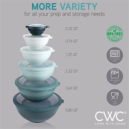 COOK WITH COLOR Mixing Bowls with TPR Lids - 12 Piece Plastic Nesting Bowls Set includes 6 Prep Bowls and 6 Lids, Microwave Safe Mixing Bowl Set (Teal) - color: Teal TPR Lids