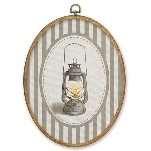 CGBHW Vintage Farmhouse Oval Wall Art Decor Products, Rustic Country Canvas Prints Framed, Neutral Striped Candle Lantern Lamp Wall Art Hanging Decor for Home Bedroom Living Room, 8.6x11.4 Inch - color: Colour26