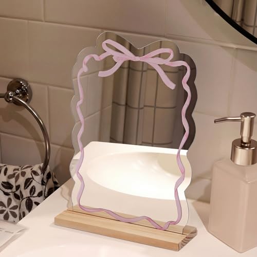 Pink Bow Mirror Coquette Small Bow Shaped Makeup Mirror with Stand Women Cute Girly Decor Aesthetic Vanity Acrylic Mirrors Frameless Pink Desk Accessories for Home Bedroom Office Teens Dorm