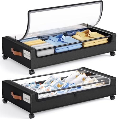 Yecaye 60 L Under Bed Storage with Wheels, 2 Pack Under Bed Storage Containers, Underbed Shoe Storage with Clear Window & Label, Rolling Under Bed Metal Drawer for Clothes, Shoes, Books, Black - color: Black, size: Large(2pack)