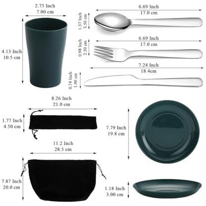 Evanda Camping Cutlery Set, Reusable Light Weight Mug, Plate and Stainless Steel Cutlery Set with Black Bag, Dishwasher Safe - color: 1.1 Person