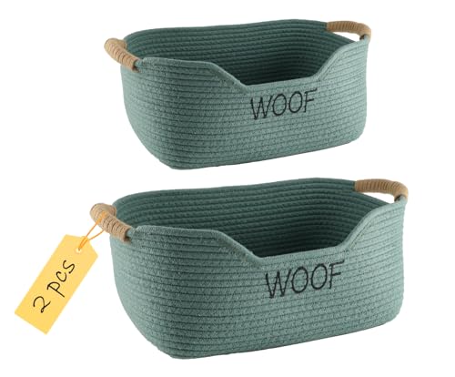2 Pack Dog Toy Baskets,Pet Rope Basket for Dog Cat Toys,Dog Toy Bin with Handles,Woof Puppy Toy Storage Basket,Puppy Bed,Dog Stuff Organizer for Toys,Collar,Leash,Nursing Supplies-Green - color: Green