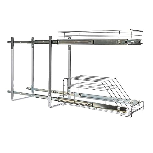 Household Essentials Glidez Multipurpose Chrome-Plated Steel Pull-Out/Slide-Out Dual-Sliding Storage Organizer for Cookware and Bakeware - 2-Tier Design - Fits Standard Size Cabinet or Shelf, Chrome - size: 9" - Extended, style: Dual Slide