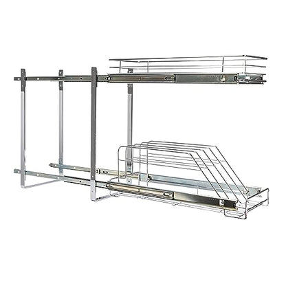 Household Essentials Glidez Multipurpose Chrome-Plated Steel Pull-Out/Slide-Out Dual-Sliding Storage Organizer for Cookware and Bakeware - 2-Tier Design - Fits Standard Size Cabinet or Shelf, Chrome - size: 9" - Extended, style: Dual Slide