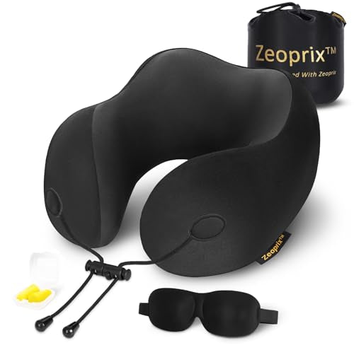 Travel Pillow, Memory Foam Travel Neck Pillow for Airplane, Ergonomic Neck Support with Washable & Breathable Cover, Includes Eye Mask, Earplugs & Compact Bag for Long Flights (Black)