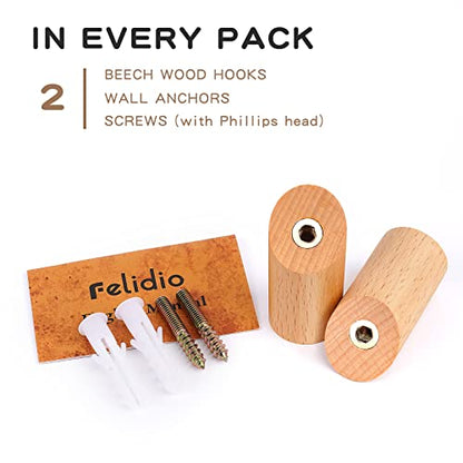Felidio Wooden Wall Hooks, 2 Pack Coat Hooks Wall Mounted - Natural Wood Hook Coat Rack, Heavy Duty Hooks for Hanging Towels Entryway Coats Hat Rack for Wall (Beech Wood) - color: Beech Wood - 2 Pack