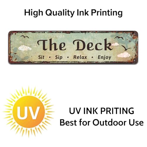The Deck - Sit, Sip, Relax, Enjoy Metal Sign, Outdoor Living, Porch, Patio, Deck, Tin Signs 4 x 16 Inches - color: V-105