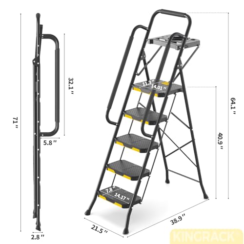 KINGRACK 5 Step Ladder, Sturdy Steel Step Stool with Anti-Slip Wide Pedals, Handrail, Safe-Lock Design, 800lbs Folding Portable Ladder for Multi-Purpose, Home, Kitchen - size: 5-Steps with tool tray