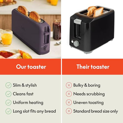 bella 2 Slice Slim Toaster, Fits-anywhere™ Kitchenware, 6 Setting Shade Control with Reheat & Cancel Buttons, Fits sourdough, 10” Long Slot, Anti Jam & Auto Shutoff, 900 Watt, Plum - color: Plum, size: 2 Slice