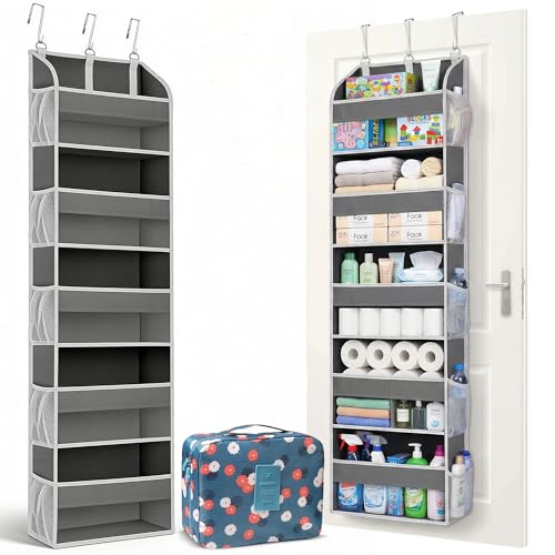 Over the Door Organizer with Toiletry Bag - 5 Self Hanging Organizer with 5 Large Pockets - Heavy Duty Behind the Door Storage for Bedroom, Bathroom, Pantry, Nursery (Grey) - color: Grey