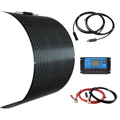 lexible Solar Panel kit 100W 12V System,Monocrystalline module10A Charge Controller,Extension Cable Off-Grid Charger for RV Boat Van Car Curve Surfaces (Black) - color: Black