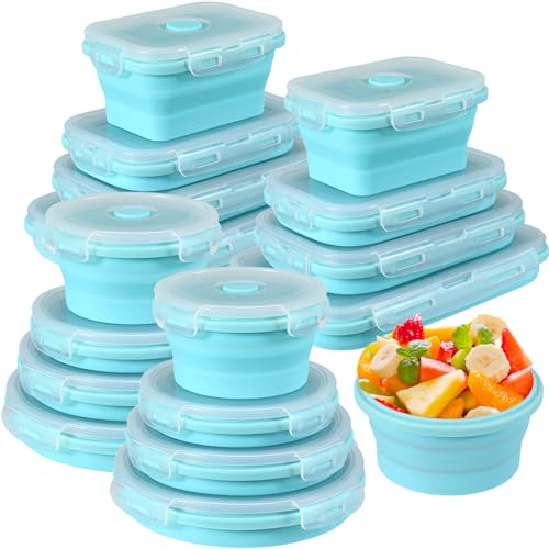 Yaomiao 16 Pack Collapsible Food Storage Containers with Lid Foldable 8 Pcs Rectangle Storage Bowl and 8 Pcs Round Silicone Food Bow for Lunch Camping Rv Accessories Microwave Freezer(Blue) - color: Blue