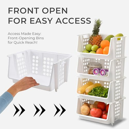 Large Stackable Storage Bins Open Front for Pantry Storage, 4 Pack - White | Sturdy Plastic, Easy Stacking, Open Front Access, Ventilated Sides, Vertical & Space Saving Pantry Organizers and Storage Bin