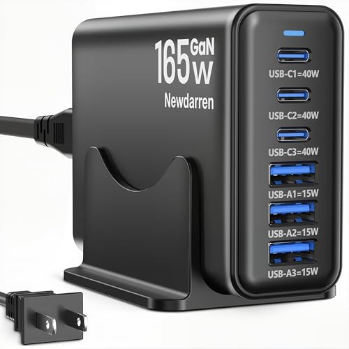 165W GaN USB C Charging Station, 6-Port Desktop Charger with 40W USB-C Fast Charging, Multiport Charging Hub for MacBook, iPhone 17/16/15, iPad, Samsung Galaxy, Tablets, Home Office Black - color: Black