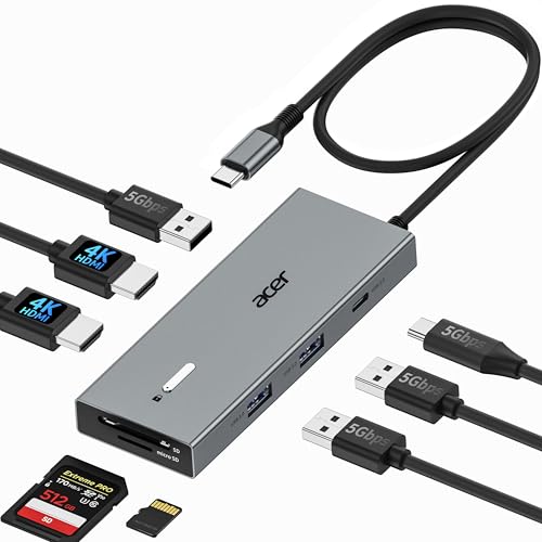 Acer USB C Docking Station Dual Monitor with 2 HDMI, 9-in-1 Laptop Docking Station with 4K@60Hz HDMI, USB A&C 3.0, SD/Micro SD, 100W PD, USB C Dock with Long Cable (2 FT) - size: 2FT