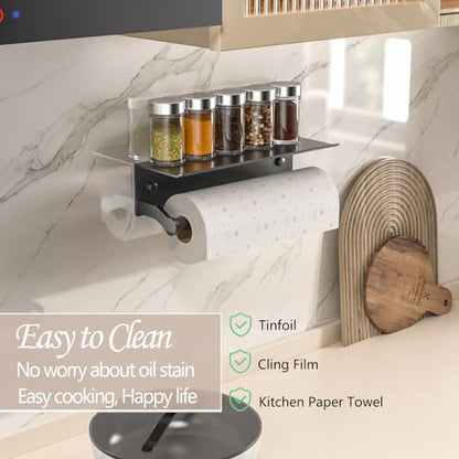 Black Paper Towel Holder Wall Mount with Shelf for Bathroom, Matte Black Adhesive Hand Towel Holder for Bathroom Kitchen RV - color: Black General